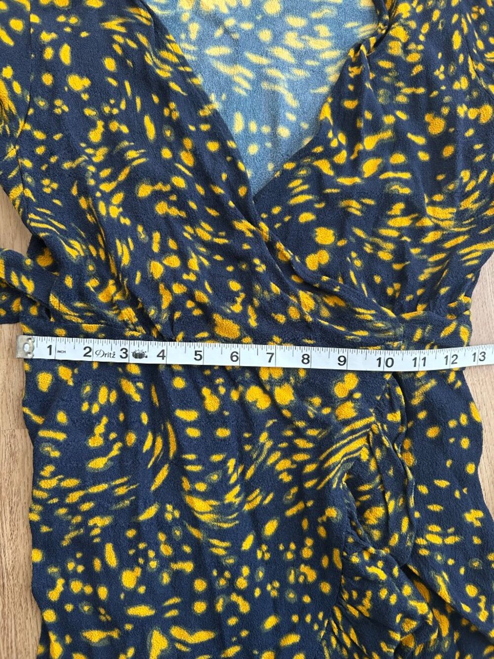 Maje Rosetta Swirling Dot Wrap Dress Ruffle Mini Navy Yellow Size 1 - Picture 11 of 12